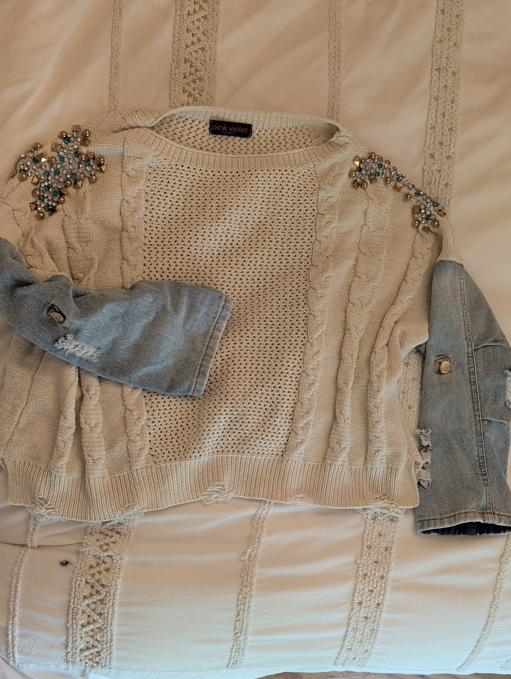 Pink Violet Cream Embellished Cable Knit Sweater